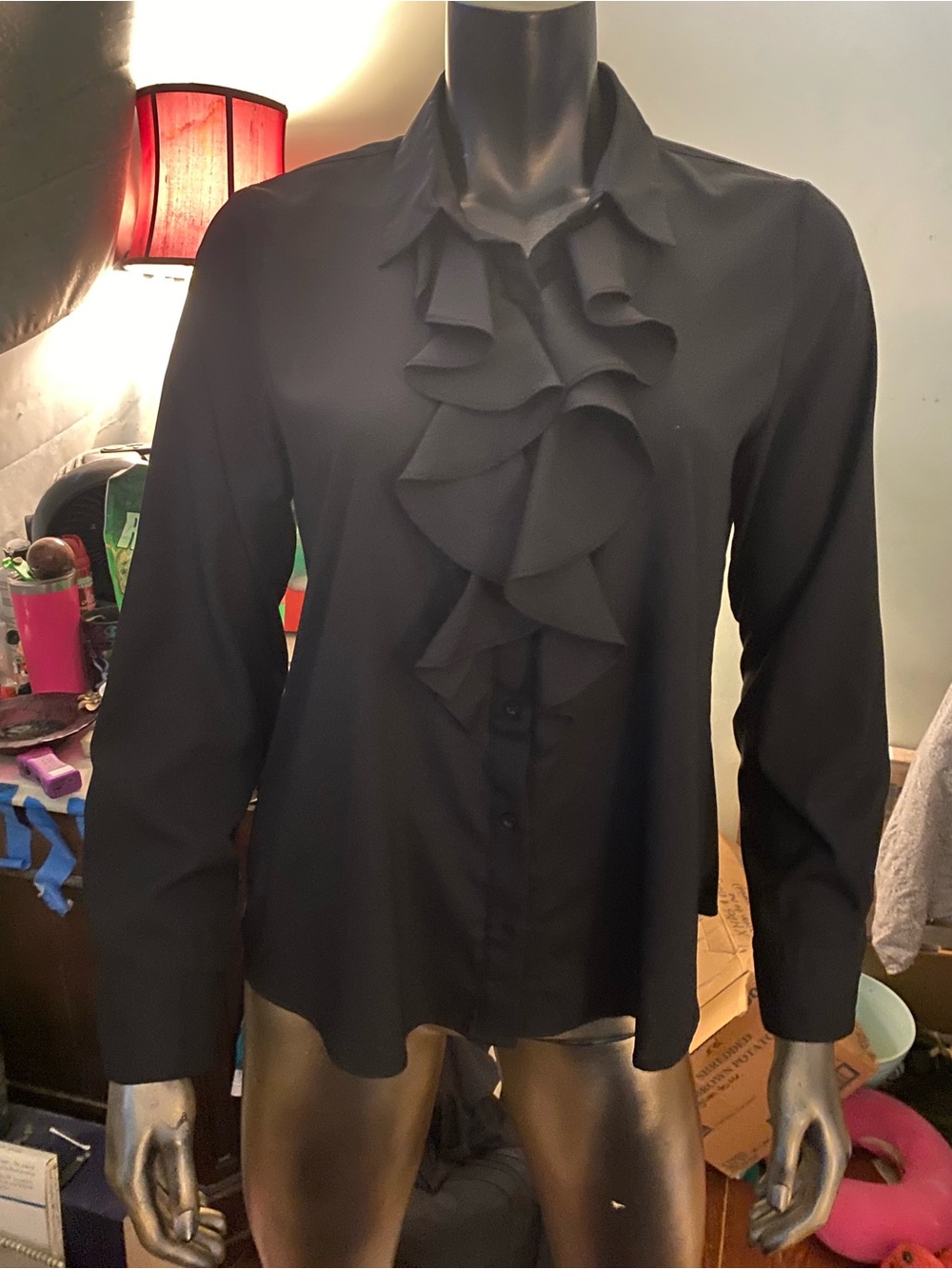 Karl Lagerfeld Black Ruffle Front Button-Down Shirt